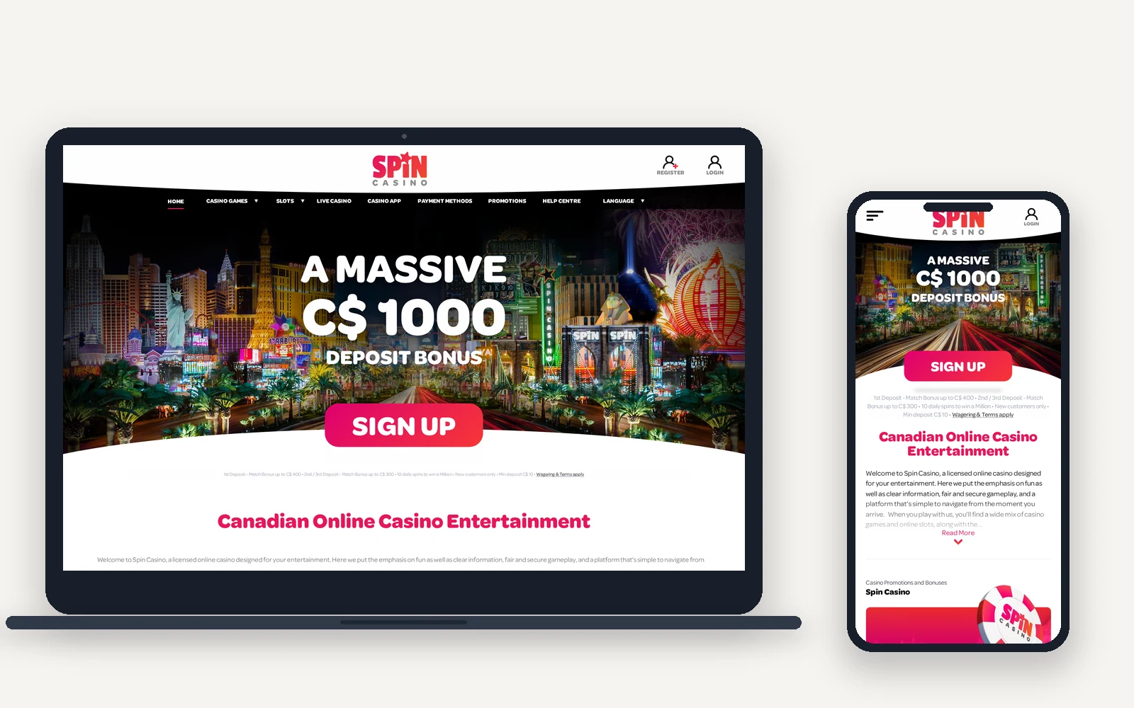 Spin Casino Canada on a laptop and a phone, with the C$1,000 deposit bonus